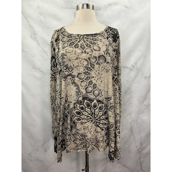 Peruvian Connection Tunic Swing Blouse Top L Boho Tan Black Lace Mandala Artsy - Picture 8 of 15